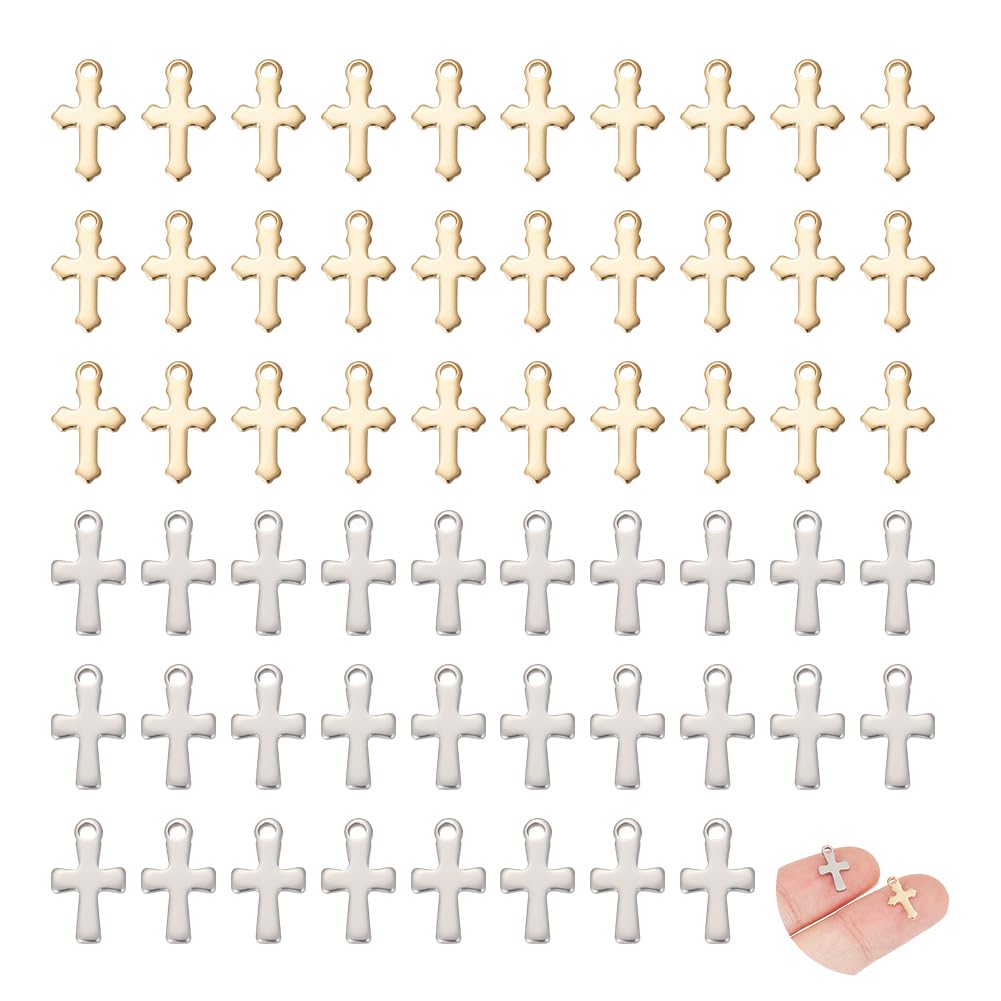 UNICRAFTALE 100pcs 2 Colors Small Cross Charm Golden Cross Pendants Metal Cross Charms for Easter Gifts Bracelet Stainless Steel Cross Charms Tiny Small Hole Pendant for Necklace Jewelry Making