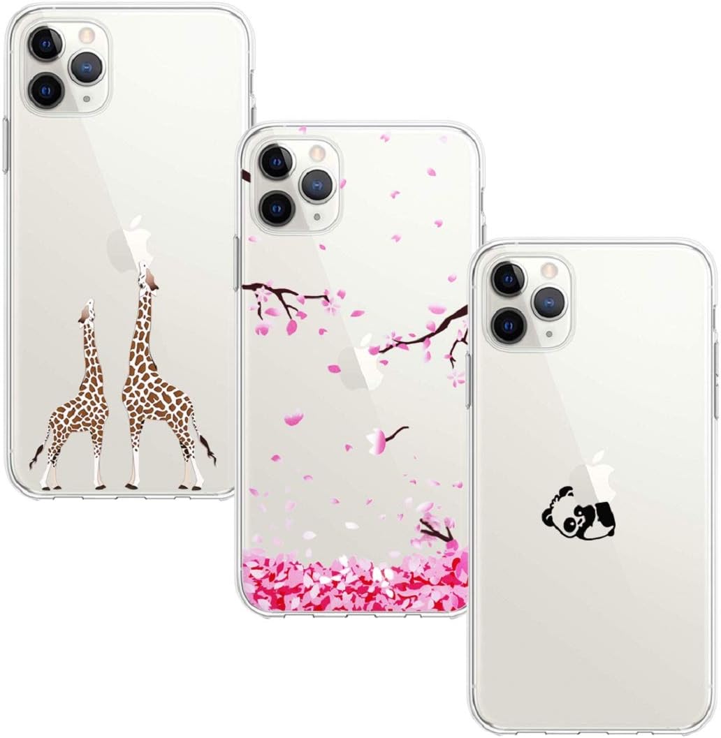 BAOWEI [3 Pack] for iPhone 11 Pro Max Case, Ultra Thin Crystal Clear Soft TPU Silicone Case with Stylish Cute Pattern Protective Cover for iPhone 11 Pro Max - Cherry Blossom, Panda & Giraffes