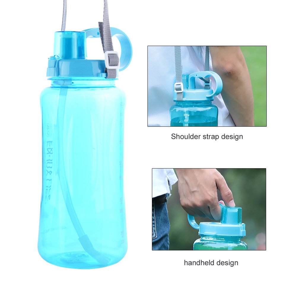 GTI 2L Large Capacity Sports Water Bottle, BPA Free 2 Liter 68 oz Wide Mouth Portable Big Plastic Bottle Leak Proof Space Cup Travel Mugs with Scale Straw Strap