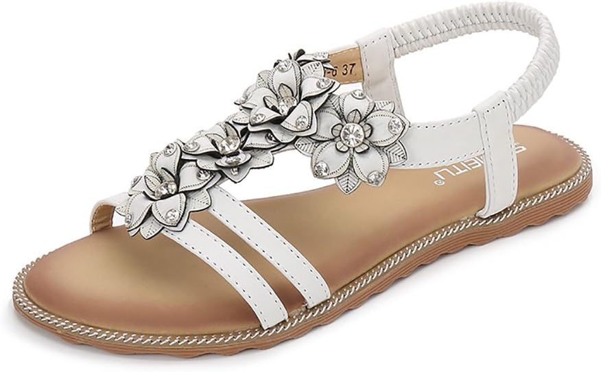 Women T-Strap Beaded Flower Gladiator Flat Dress Sandals Beach Shoes