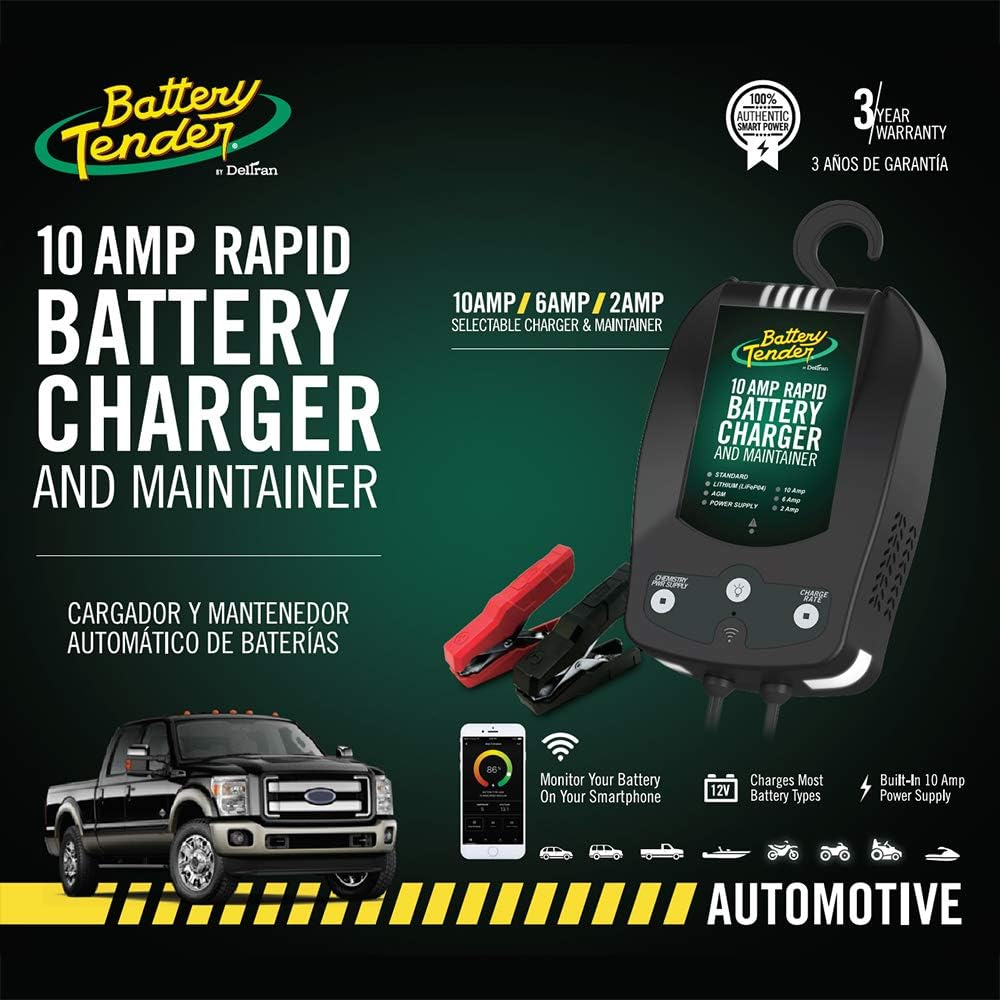 Battery Tender 12V, 10 AMP Rapid Battery Charger: 6A and 2A Selectable Chemistry Battery Charger and Maintainer, Built-In Wi-Fi and Power Supply – 022-0229-DL-WH: Automotive