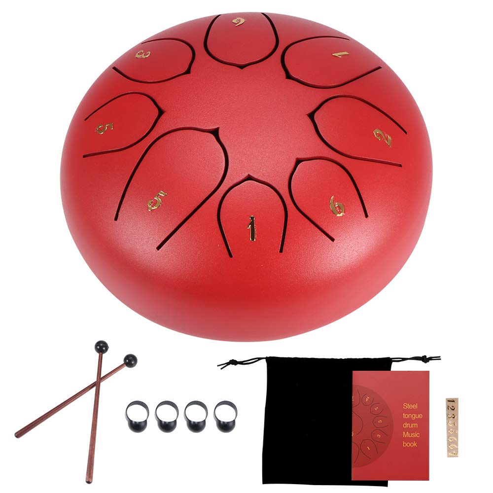Vangonee Steel Tongue Drum 8 Notes 6 Inches Chakra Tank Drum Handpan Drum Notes Percussion Instrument Steel Drums Instruments with with Bag, Music Book, Mallets, Finger Picks (6 inch Red)