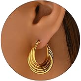 RATVIU Gold Hoop Earrings for Women 18K Gold Plated Thick Hoop Earrings Trendy Chunky Earring Dainty Hypoallergenic Dangle Earring