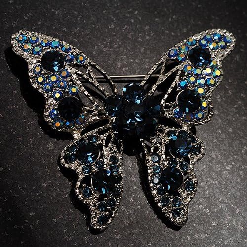 Dazzling Navy Blue Diamante Butterfly Brooch (Silver Tone), silver, blue, dark blue - Image 3