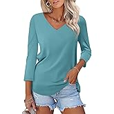 ORANDESIGNE Women's 3/4 Sleeves V Neck T Shirts Color Block Casual Summer Tops Fashion Loose Shirts Tees