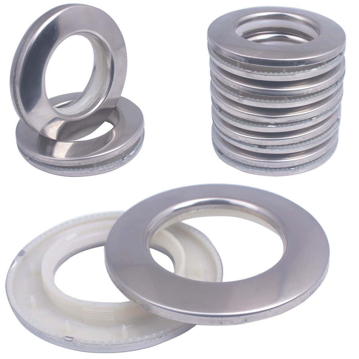 View 1 of 10 Pack Stainless Steel Curtain Grommets, 2 in 1 Metal Curtain Ring Eyelets Metal Grommet ABS Plastic Curtain Eyelet Clips,1.65" 42mm Inner Diameter for Window Drapery Tape (10-Pack Silver)