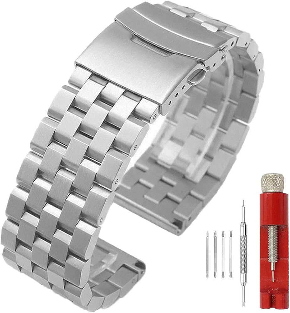 24mm Brushed Metal Watch Band Stainless Steel Deployment Clasp 5 Rows