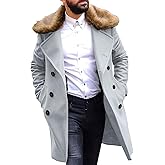 PASLTER Men's Winter Trench Overcoat Removable Faux Fur Collar Top Coat Double Breasted Business Long Pea Coat