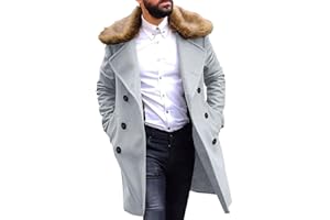 PASLTER Men's Winter Trench Overcoat Removable Faux Fur Collar Top Coat Double Breasted Business Long Pea Coat