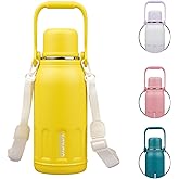 BJPKPK Insulated Thermal 40oz Disherwasher Safe Water Bottle with Handle and Lid Stainless Steel Water Bottles For Cold and Hot Beverages,Yellow