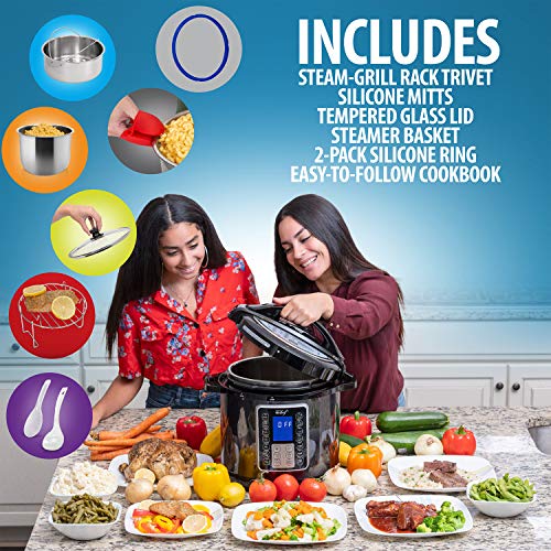 Deco Chef 8 QT 10-in-1 Pressure Cooker Instant Rice, Sauté, Slow Cook, Yogurt, Meats, Deserts, Soups, Stews Includes Recipe Book, Tempered Glass Lid, Mitts, Grill Rack, and Steaming Basket - Thumbnail 4