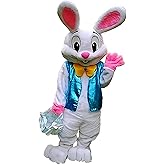 To.beone Easter Bunny Mascot Costume with Blue Vest and Yellow Bow Tie, Adult Size Rabbit Character Suit for Events and Parties
