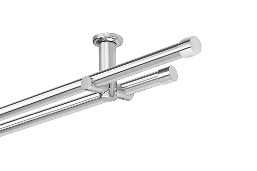Dekobase Vorhang Gardinenstange Metall Andrax Decken Montage 2 läufig komplett Set, 20 mm Ø, Edelstahl-Optik, 110 cm