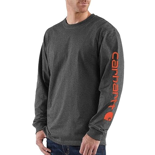 Carhartt Mens Loose Fit Heavyweight Long-Sleeve Logo Sleeve Graphic T-Shirt Work Utility Shirts, Carbon Heather, X-Large Tall US