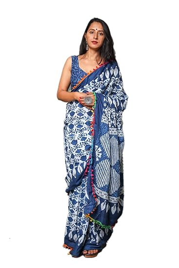 Blue Cotton Hand Block Printed Saree