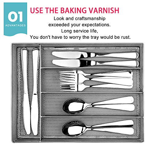 IRSHOME Sturdy Utensil Drawer Organizer, Cutlery Tray, Silverware/Flatware Storage Divider for Kitchen, Mesh Designing with Non-slip Rubber Feet, 5 Compartments, Sliver- 1 Pack - Thumbnail 2