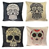 Throw Pillow Covers,YIFAN 4Pcs Mexican Day of the Dead Sugar Skull Cotton Linen Square Shaped Decorative Sofa Chair Couch Pillowcase Pillowslip 43*43cm