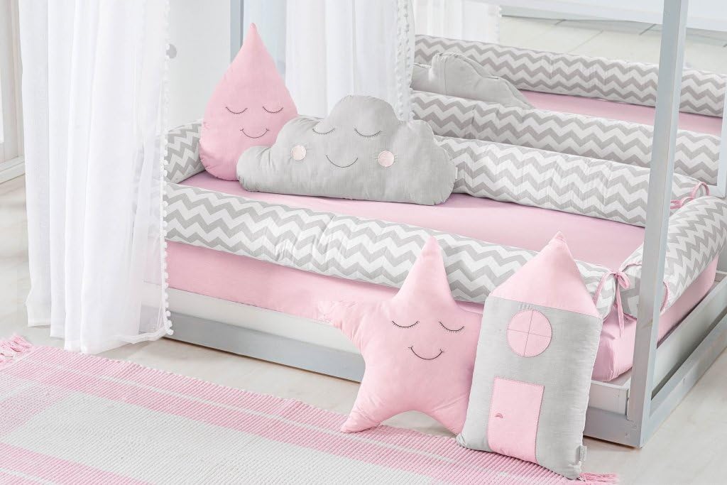 Toddler House Bed Montessori Pink/Chevron Baby Girl 5pc Nursery Bedding Set Bumpers + Duvet