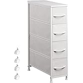 EKNKOZY Narrow Dresser Storage Tower with 4 Drawers, Slim Dresser Chest of Drawers with Steel Frame, Wood Top, Dresser for Bedroom, Bathroom, Small Spaces, Laundry, Closet (White)
