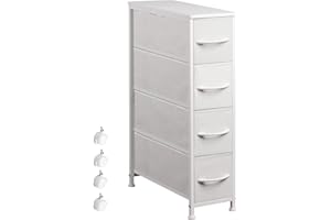 EKNKOZY Narrow Dresser Storage Tower with 4 Drawers, Slim Dresser Chest of Drawers with Steel Frame, Wood Top, Dresser for Bedroom, Bathroom, Small Spaces, Laundry, Closet (White)