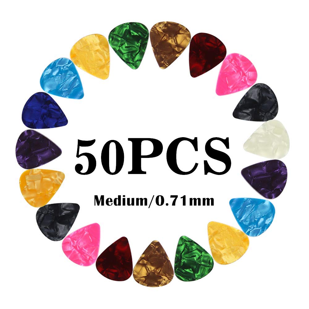 CAIHONG Guitar Picks Medium 50 Pack, Plectrums Celluloid Gauge Assorted Pearl Variety Pack - Mixed Colorful - Plectrum for Acoustic, Electric and Bass - 0.71mm