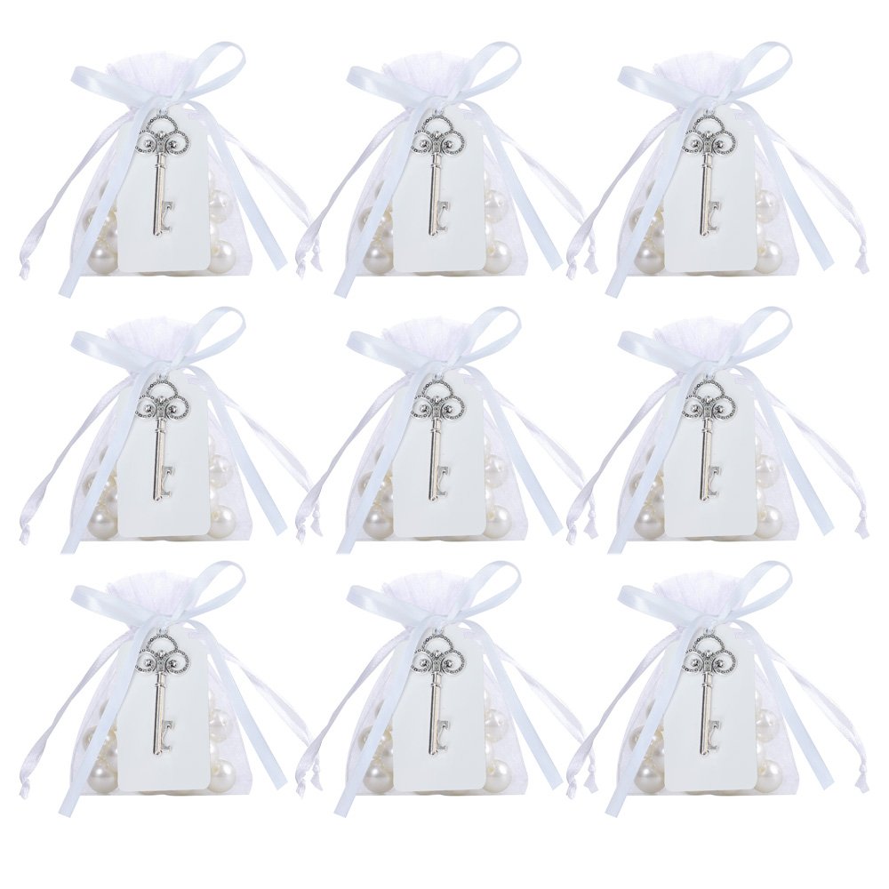 Awtlife 50 Pcs Rustic Vintage Key Bottle Opener with Card Tag and Sheer Bag for Wedding Party Favors