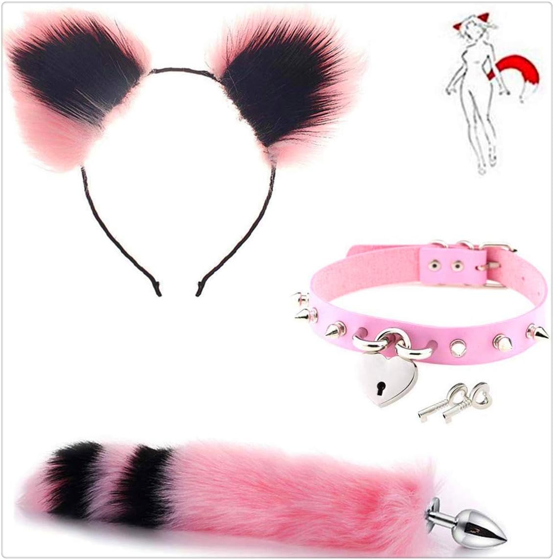 forocean💋Lovey Rivet Collar Choker Necklace+Fluffy Plush Metal Fox Tail Anale Plug & Cat Ears Headband Cosplay Charms 3Pcs Set(Pink& Black)#11（Size L）