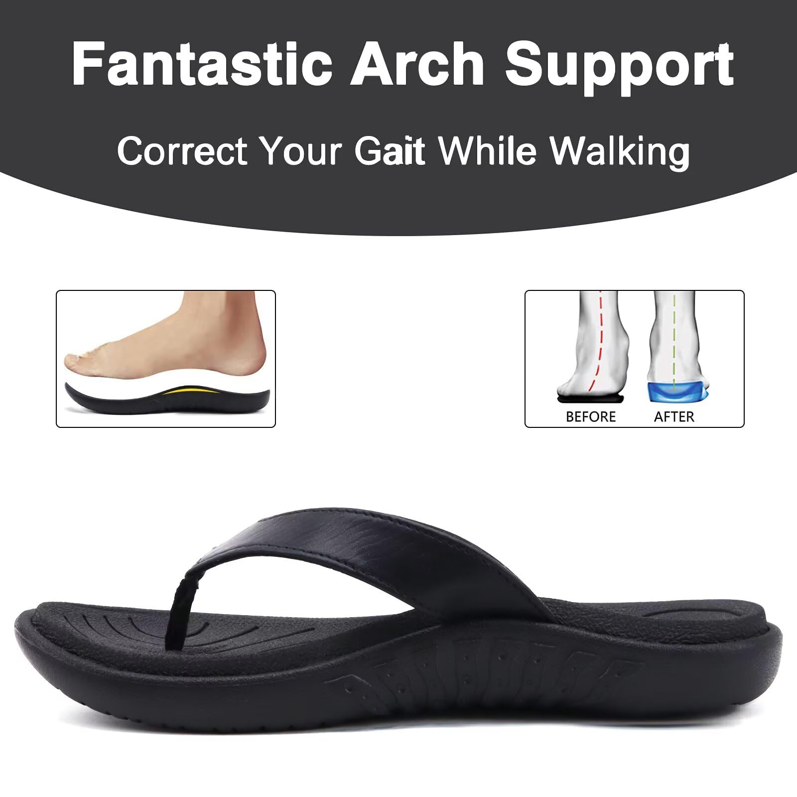 jiajiale Flip Flops Damen Mode Orthopädische Leder Stoff Leicht Zehentrenner Frauen Bequeme Yoga Fußbett Badelatschen Sommer Strand Rutschfest Feste Gummi Sohle Schwarz EU39 5
