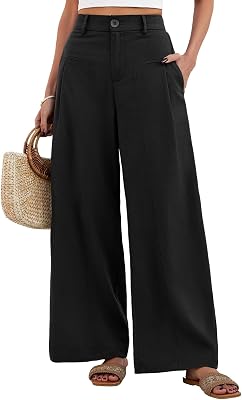 Pantaloni Lino Donna Estivi Gamba Larga Pantaloni Elastico in Vita Leggeri Traspiranti Pantaloni Casual Comodi Palazzo con Tasche e Bottoni (Nero, L)