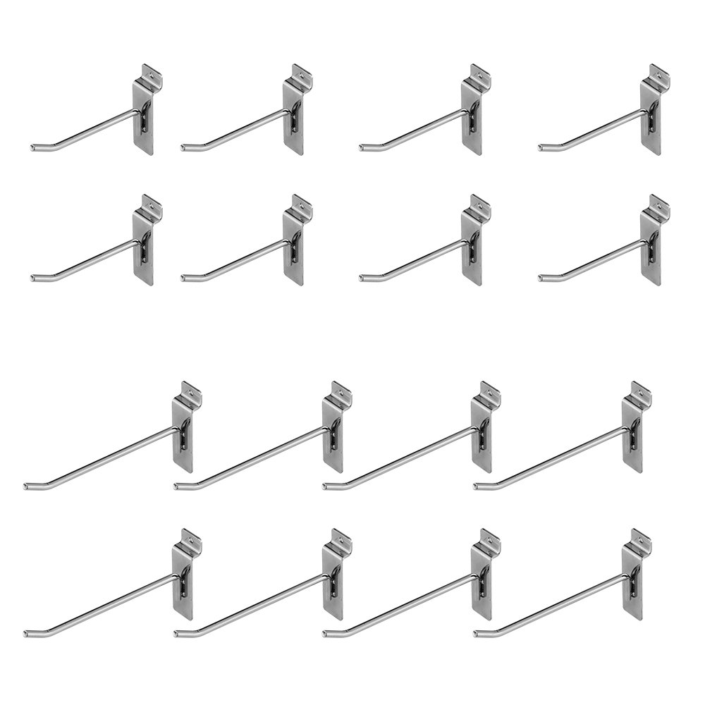 HONESTY Slatwall Hooks 16Pack(8 Each 4inch and 6inch) Hanger Display Hooks,Slatwall Display Panel Hooks,Display Perfectly Item & Products for Your Room Garage Retail Store,Metal &Chrome