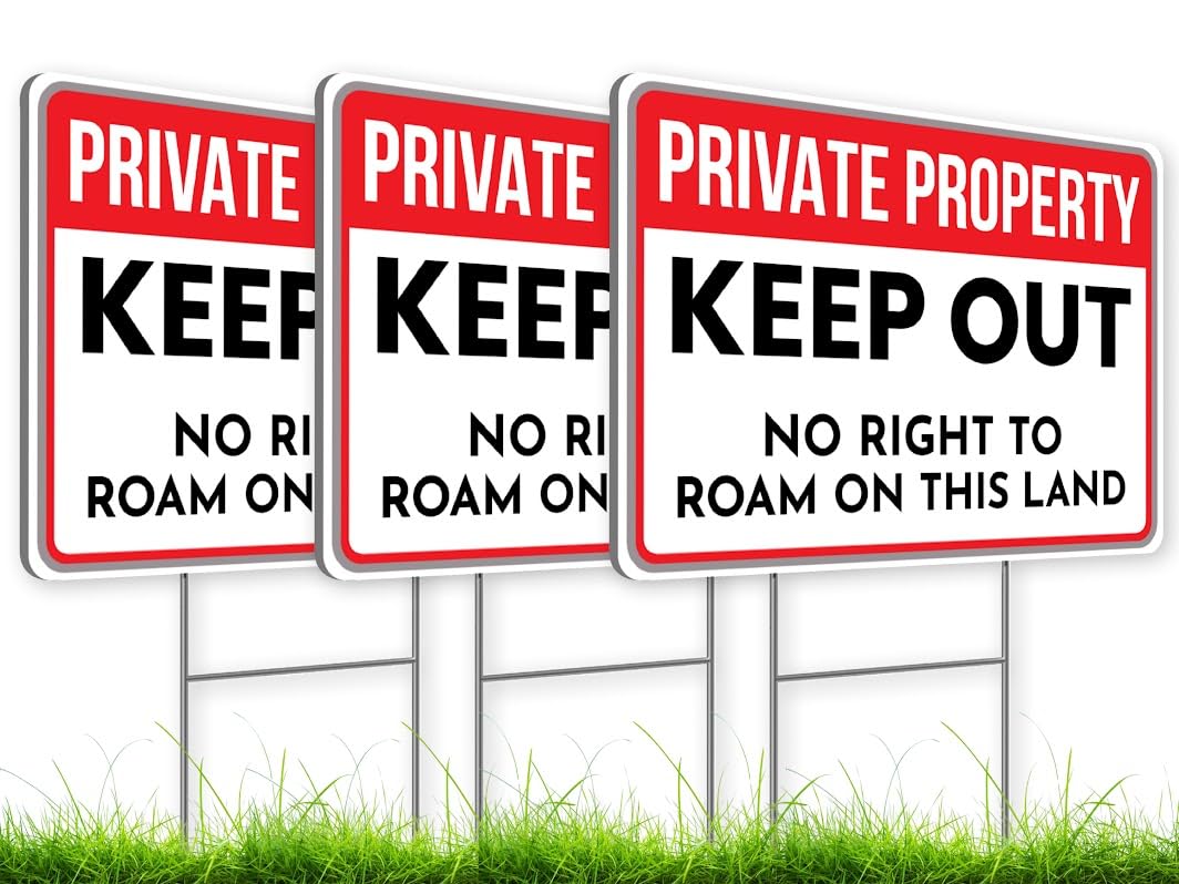 Photo 1 of *MISSING STAKES* 3X Private Property Plastic Sign with Stake - 12x8 Inches Keep Out Double Sided Signs - No Right to Roam On This Land - for Property Protection and Security - Outdoor Keep Out Sign for Home Safety