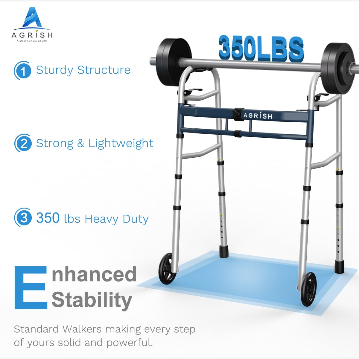 Folding Narrow Walker for Seniors – Width & Height Adjustable Walker, Lightweight Standard Walker for Elderly, Handicapped & Disabled, Fits Narrow Doorways, 350lbs