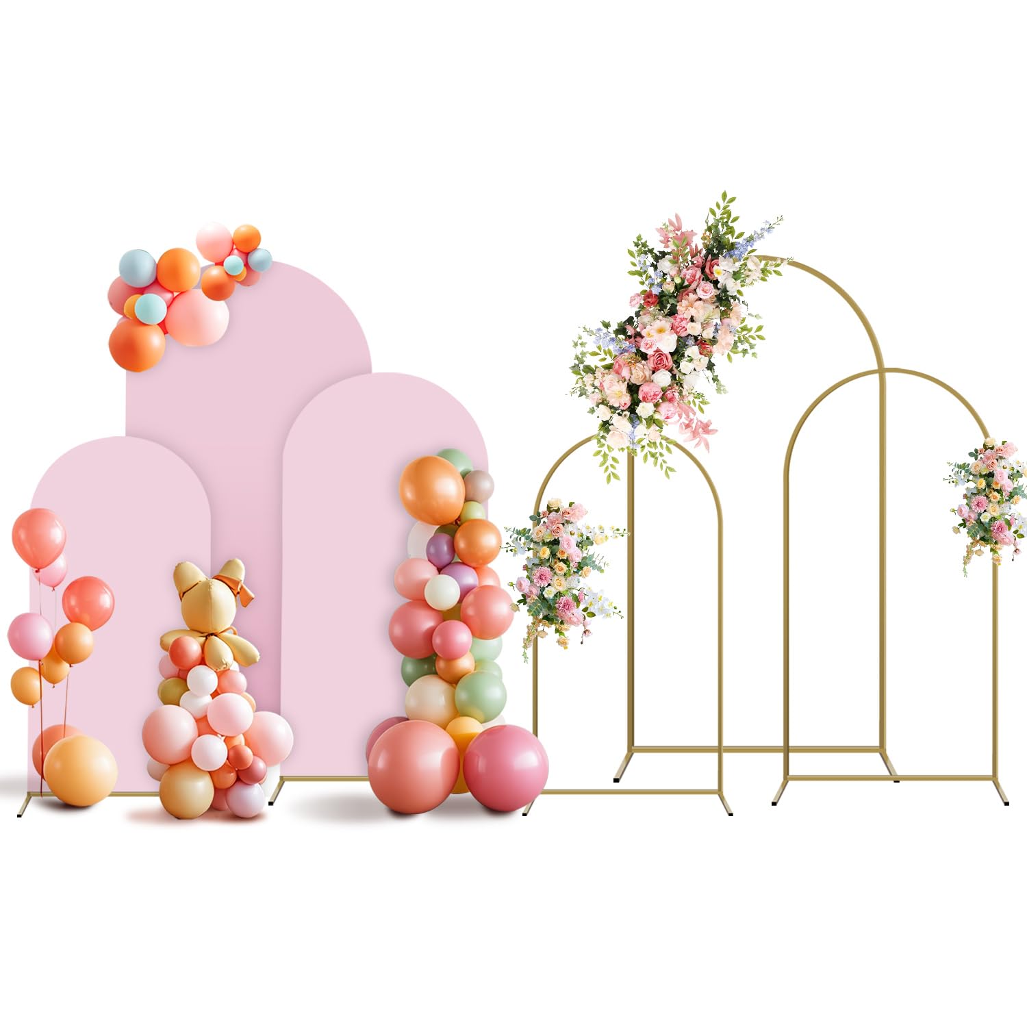 Photo 1 of Holldoor Arch Backdrop Stand and Cover Set, 3 Metal Balloon Arch Backdrop 4ft 5ft 6ft, Gold Arched Stand Frame for Wedding, Parties,Birthday, Backdrop Decorations (Pale Pink,4ft+5ft+6ft)