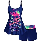ROSE GAL Rosegal Plus Size Women Gothic Tummy Control Tankini Swimsuit Skull Glitter Print Boyleg Padded Tankini Swimwear