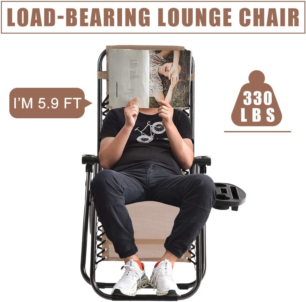 Vnewone Zero Gravity Chair Set of 2 Patio Folding Anti Reclining Lounge Deck Foldable Yard with Pillow and Cup Holder, Tan: Kitchen & Dining