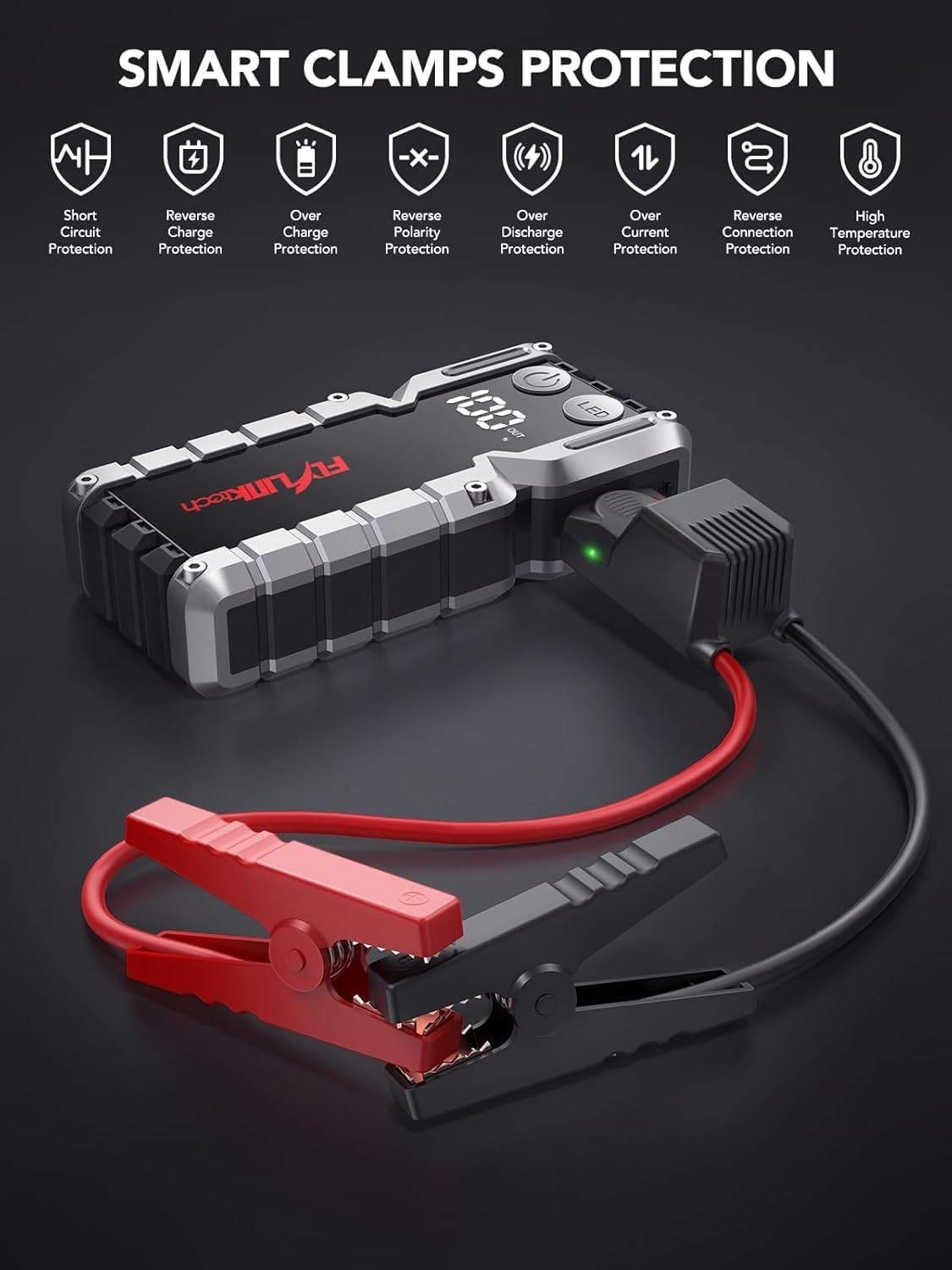 FLYLINKTECH 5000A Car Battery Jump Starter(Up to 9.0L Gas or 8.0L), Portable Car Jump Starter Battery Pack, 12V Jump Box with Safety Jumper Cables, Fast Charge 3.0, Lights, LCD Display