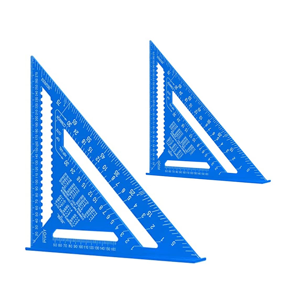 2 Pcs Speed Square Set - 12 Inch and 7 Inch Aluminum Alloy Triangle Ruler, Protractor, High Precision Woodworking Layout Measuring Tool for Engineer Carpenter, Blue
