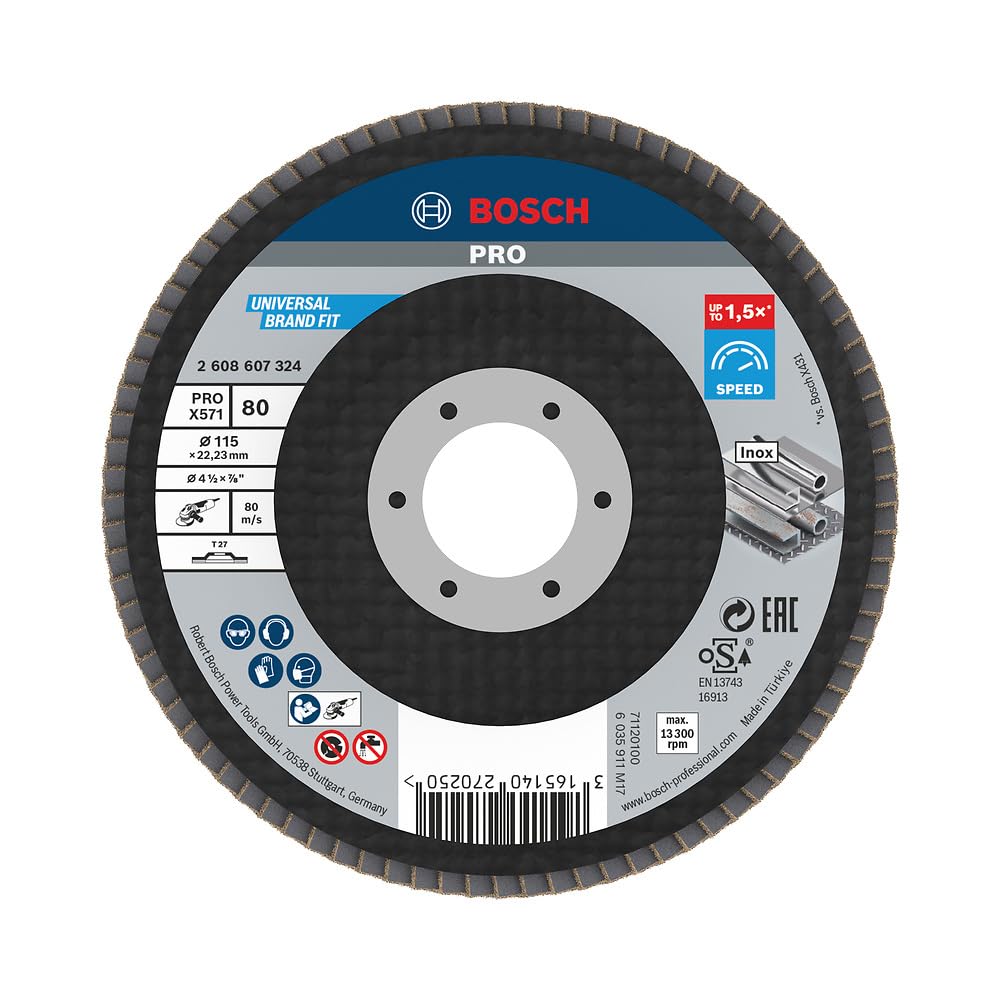 Bosch 1x PRO Metal X571 Flap Disc Straight Version Fiber for Small Angle Grinders (for Steel, Stainless steel, Ø 115 mm, Grit 80, Professional Accessory Small Angle Grinder)