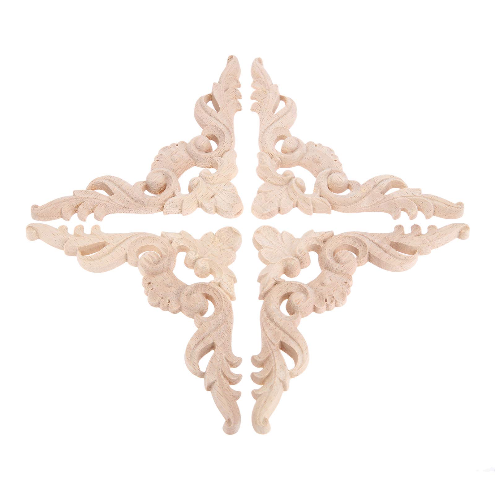 MUXSAM 4Pcs Decorative Mouldings Long Wood Carved Applique Unpainted Wooden Corner Onlay Decor Furniture Decals for Bed Door Cabinet, Woodcarving Decoration 12.5x12.5cm