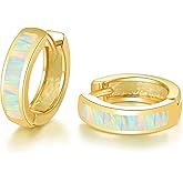 Opal Inlay Huggie Earrings Trendy 14k Gold Plated Hoops Dainty White Small Opal Earrings Blue Green Gemstone Hoops Gifts for Women