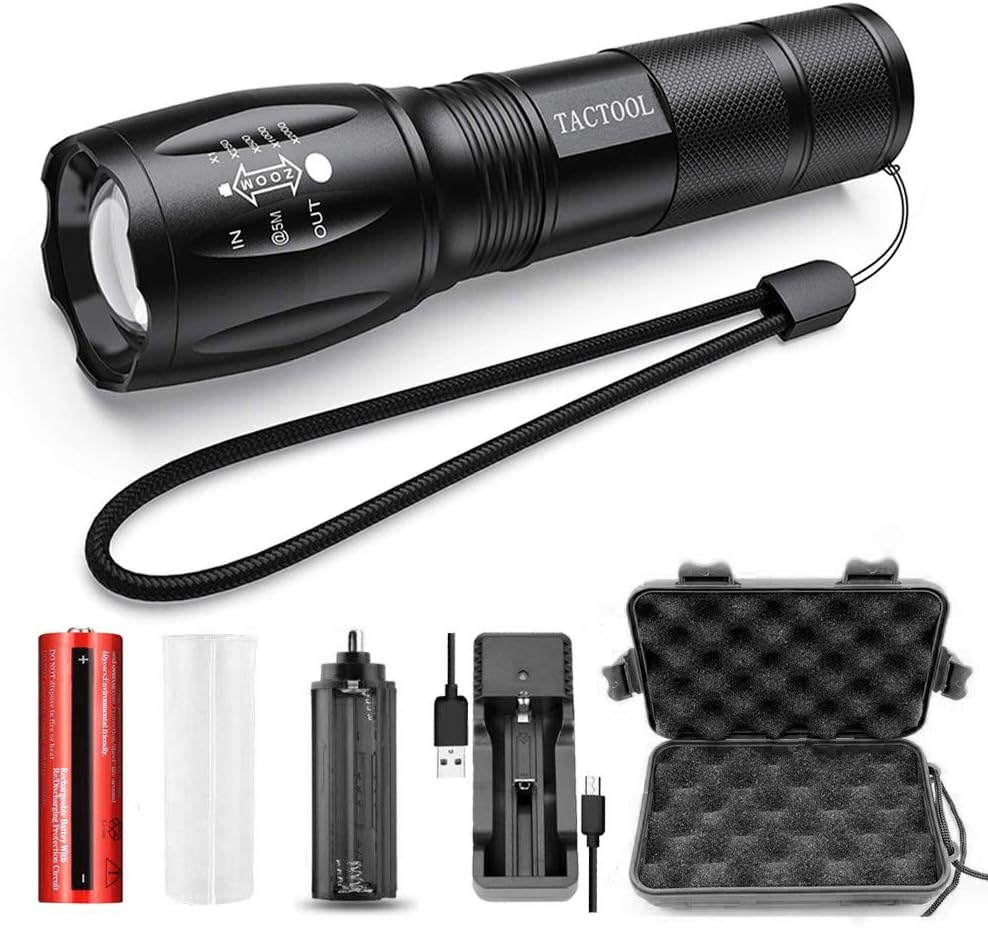 Tactical Flashlight Led Flashlights High Lumens,Portable Handheld Flashlight with Rechargeable Battery & USB Charger,5 Modes Flash light,Zoomable Waterproof Camping Flashlight for Outdoor,Emergency