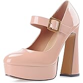 Oh Mispares Women's Chunky Heel Mary Jane Pumps Closed Toe Thick Sole Platform Adjustable Ankle Strap Block High Heeled Pumps Patent Dress Casual Wedding Heels 5 Inch