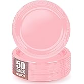 CLIYTICA Pink Plastic Plates for Party, 9inch Disposable Plastic Dinner Plates for Birthday Wedding Baby Shower,50Pcs