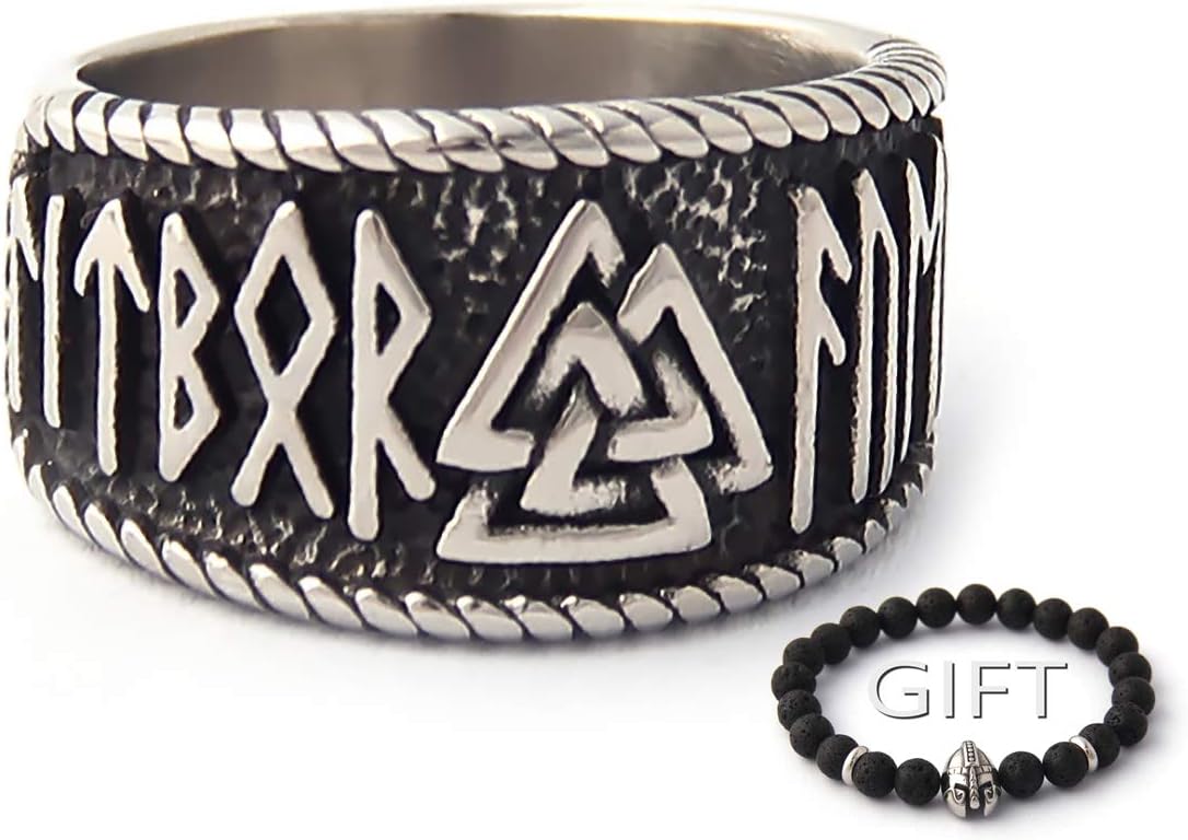 ENXICOValknut Symbol Ring with Rune Letters 316L Stainless Steel Norse Scandinavian Viking Jewelry
