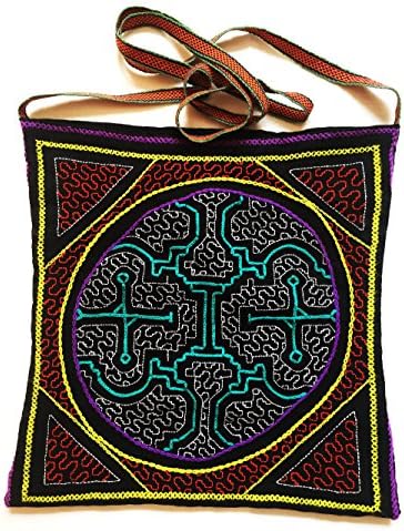 Vintage Shipibo Indian Art Hand Embroidered Ayahuasca Textile Messenger Shoulder Bag, 11" x 11"