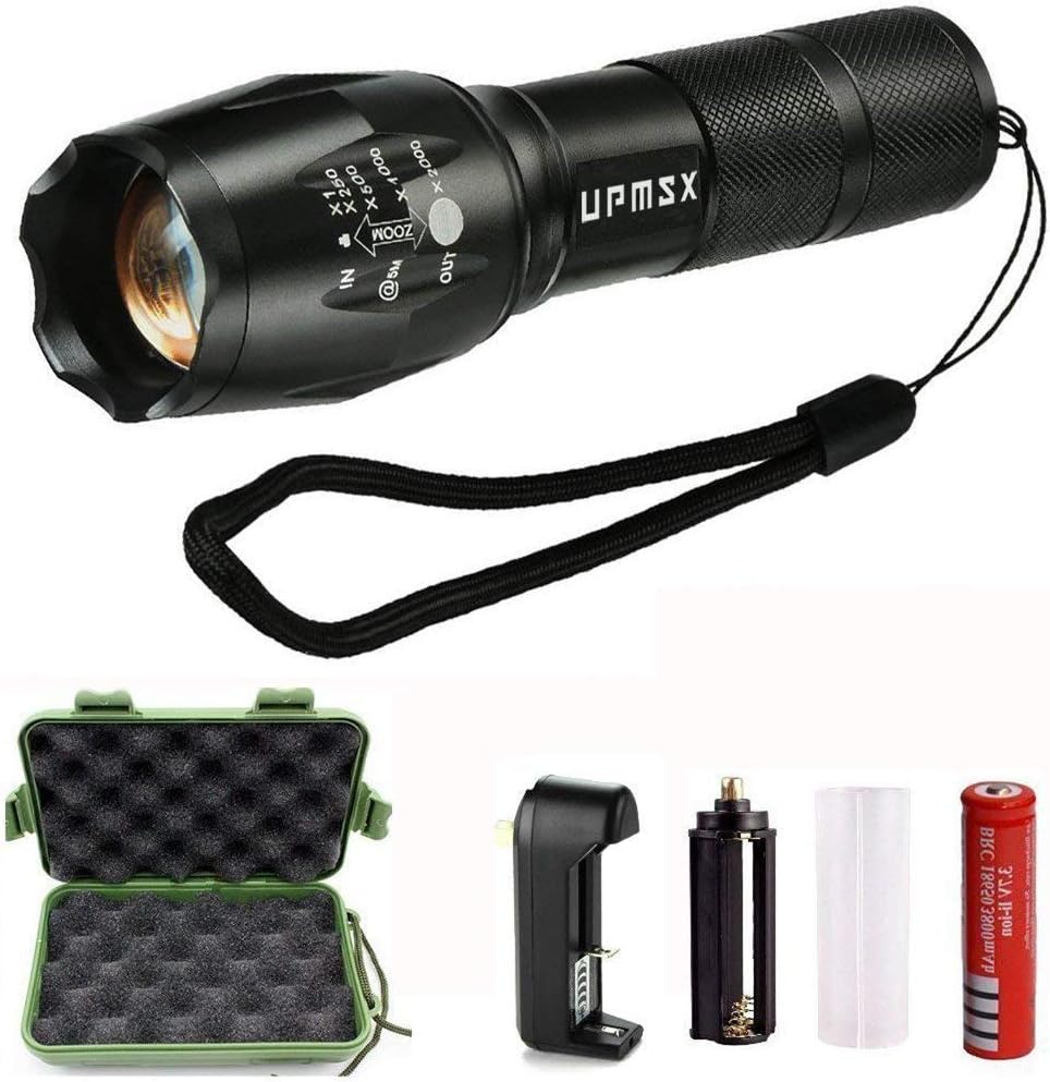 LED Flashlight,UPMSX XML T6 Portable Outdoor Water Resistant Torch with Adjustable Focus and 5 Light Modes,Rechargeable 18650 Lithium Ion Battery and Charger