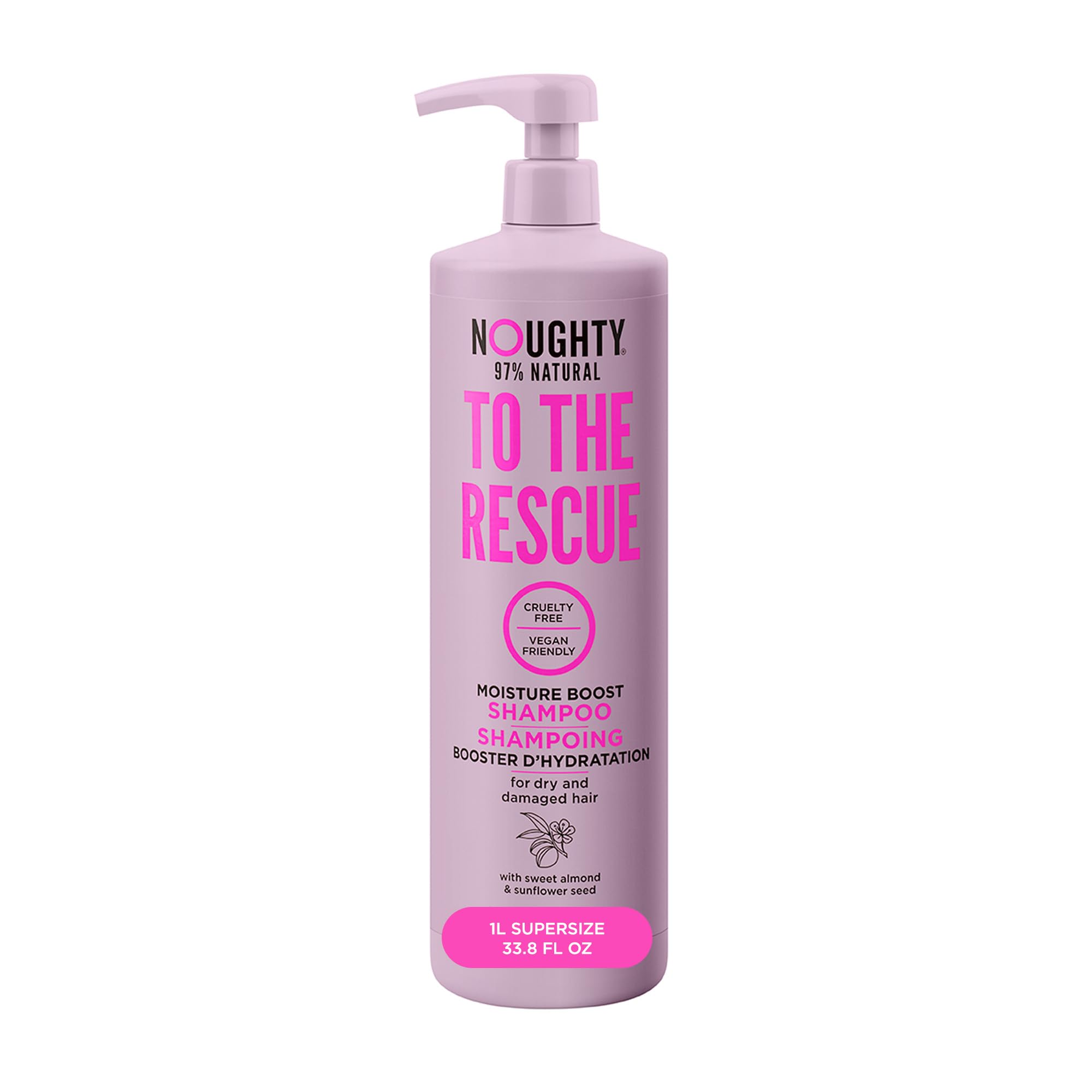 Noughty 97% Natural To The Rescue Moisture Boost Shampoo Sulphate Free Vegan Haircare Hydrating Formula for Frizzy & Damaged Hair with Sweet Almond and Sunflower Seed 1L