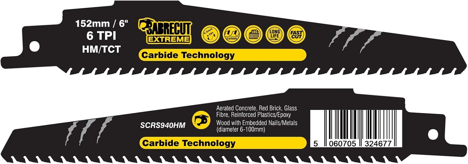 2 x SabreCut SCRS940HM_2 Tungsten Carbide 152mm 6 TPI S940HM Aerated Concrete Brick Plastic and Metal Straight Cutting Reciprocating Sabre Saw Blades - Image 3