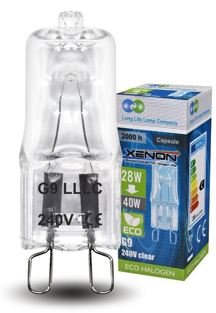 Long Life Lamp Company 10 x G9 Halogen Energy Saving 28W = 40W Equivalent Light Bulbs Eco Halogen Dimmable Bulbs