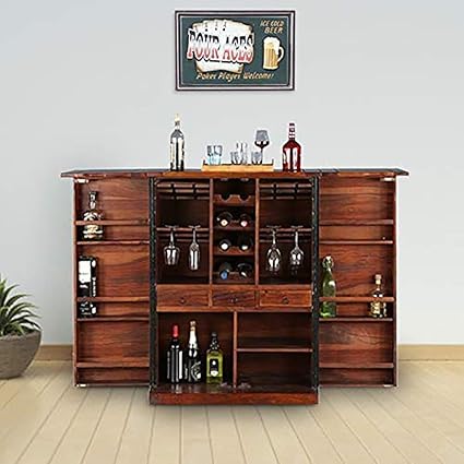 Nadim Handicraft The Wood Bar Cabinet with Wine Glass Storage for Living Room